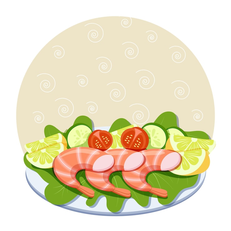 Vetor salada de camarão comida asiática com folhas verdes e legumes