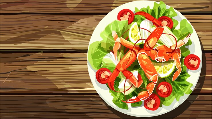 Vetor salada de caranguejo fresco em uma mesa de madeira rústica