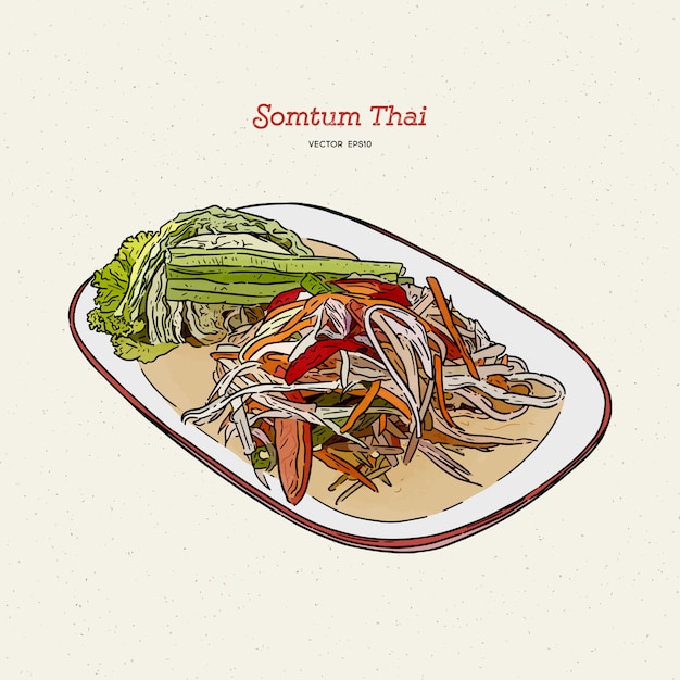 Salada de papaia ou som-tum, comida tailandesa. esboço desenhado de mão.