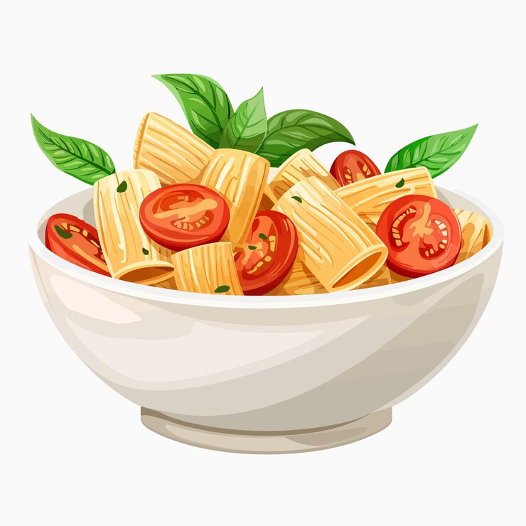 Vetor salada de pasta com tomate de cereja rigatoni e manjericão