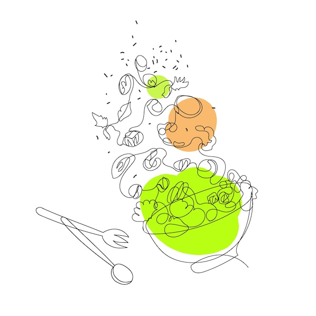 Salada de tigela de linha contínua com camarão de legumes voadores e talheresvector