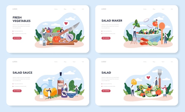Salada fresca em um layout de web de tigela ou conjunto de páginas de destino. pessoas cozinhando alimentos orgânicos e saudáveis. salada de legumes e frutas.