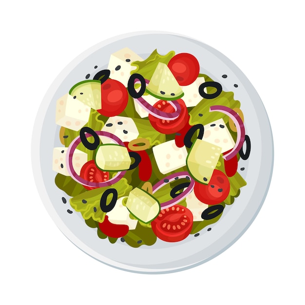 Salada grega servida no prato ver ilustração vetorial receita de salada vegetariana conceito de comida orgânica fresca