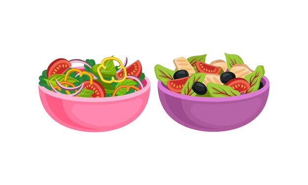 Saladas frescas em tigela com ingredientes mistos Vector Set