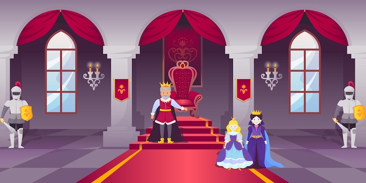 Vetor salão de baile do castelo interior do salão do palácio medieval sala real com trono de monarca rei e rainha família imperial princesa e cavaleiros reino de fantasia ilustração vetorial de desenho animado