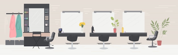 salão de cabeleireiro moderno com cadeiras espelhos e móveis salão de beleza interior horizontal