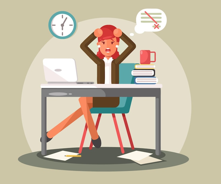 Vetor salientou a mulher de negócios no local de trabalho do escritório. ilustração em vetor plana