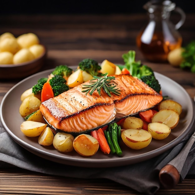 Salmão assado ou frito e salada Paleo keto fodmap dash diet Comida mediterrânea com peixe cozido no vapor