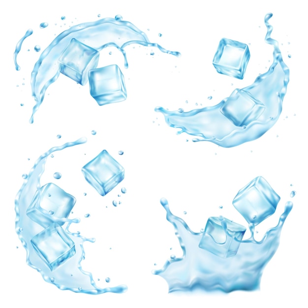 Vetor salpicos de água de cubos de gelo realistas com imagens isoladas de gotas de fluxo líquido na ilustração vetorial de fundo em branco