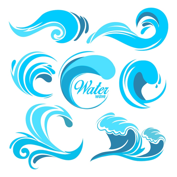 Vetor salpicos de água e ondas do mar. símbolos gráficos para logotipo. onda água, mar, redemoinho, coleção da natureza, ilustração da onda d'água