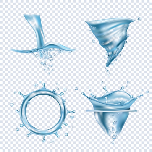 Salpicos de água. Gotas de chuva líquidos líquidos objeto bolhas transparentes dinâmica água redemoinho vector imagens realistas