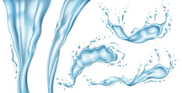 Salpicos de água Salpicos de líquido azul realista, gotas voadoras e jatos, objetos isolados translúcidos, puro e claro, elementos transparentes frescos, redemoinho, movimento dinâmico, conjunto de vetores absolutos