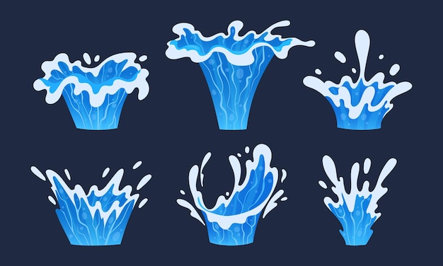 salpicos de água transparentes azuis salpicos d'água gotas de líquido aqua fluxos e ondas conjunto de ilustrações vetoriais planas coleção de salpico de água limpa