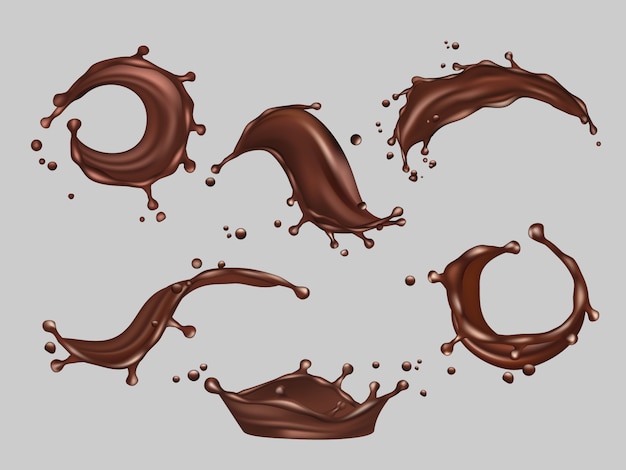 Salpicos de chocolate. Cacau líquido comida bebida quente vetor modelo realista