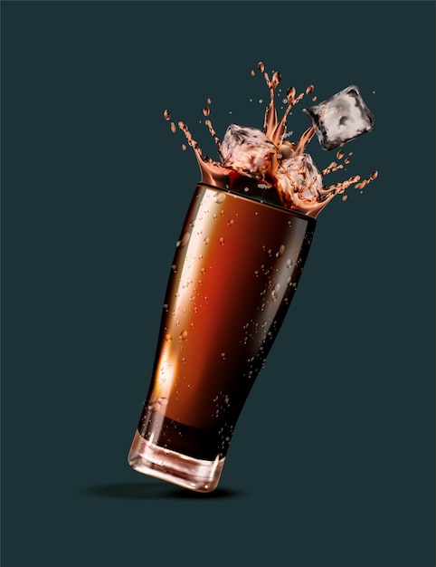 Salpicos de cola com cubos de gelo na ilustração 3D