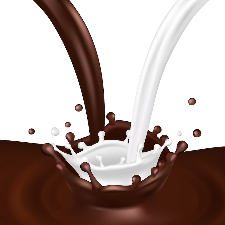Vetor salpicos realistas. fluxos de leite e chocolate no fundo branco