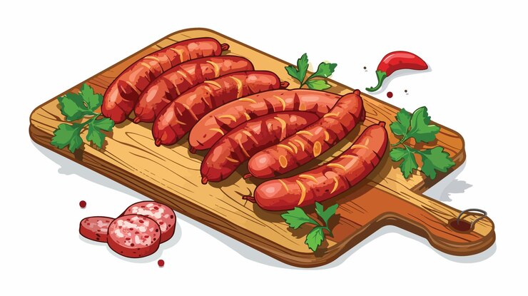 Vetor salsichas caseiras em ilustração de desenho animado em quadro branco