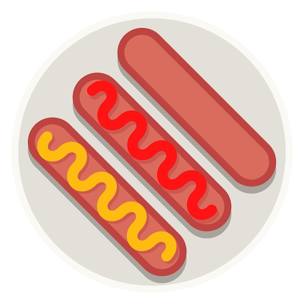 Salsichas com ketchup e mostarda no prato ícone plano de comida
