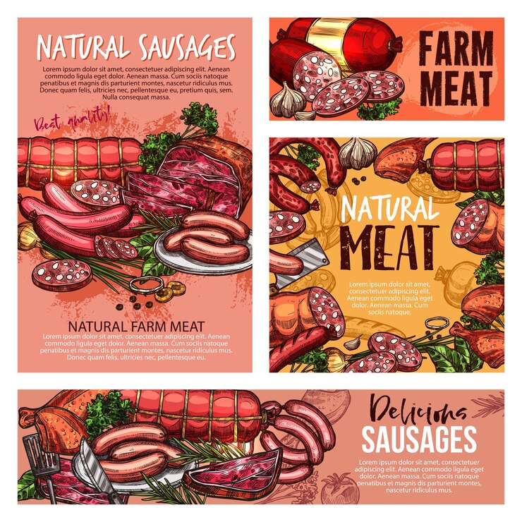 Vetor salsichas de carne suína e bovina presunto salame bacon
