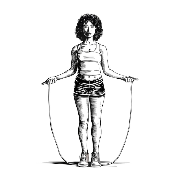 Vetor saltar corda gravado estilo esboço de tinta desenho ilustração vetorial preto e branco
