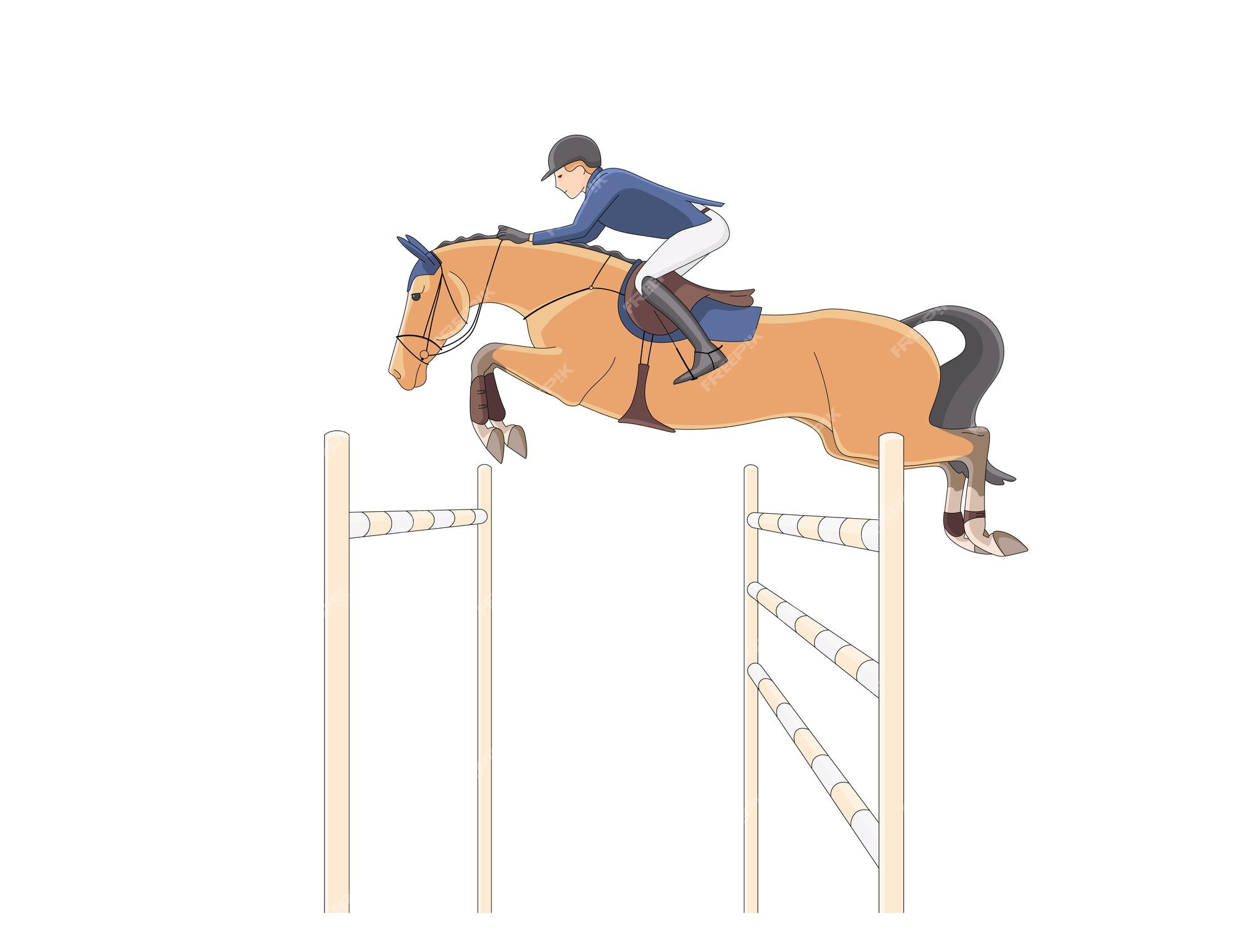 eventos equestres. ilustração de um cavalo com um cavaleiro pulando a  barreira das cabanas de madeira. um cavaleiro em um cavalo salta sobre um  obstáculo contra uma ilustração vetorial plana de nuvem