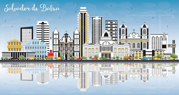 Salvador da Bahia Skyline da cidade com edifícios coloridos, céu azul e ilustração vetorial de reflexos