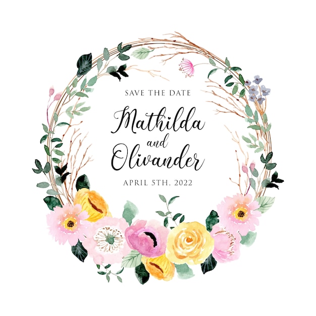 salvar a data com coroa de flores em aquarela floral rosa amarela
