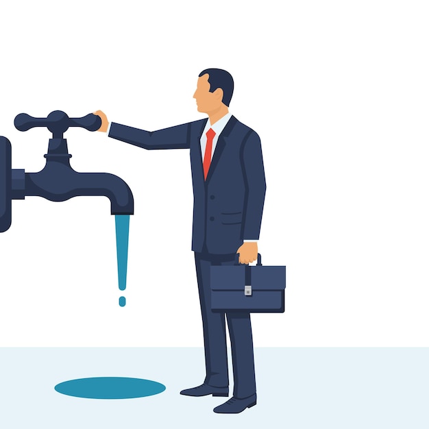 Salvar o conceito de água empresário fecha a torneira de mão desligue a água ilustração vetorial design plano isolado no fundo cuidado para economizar recursos