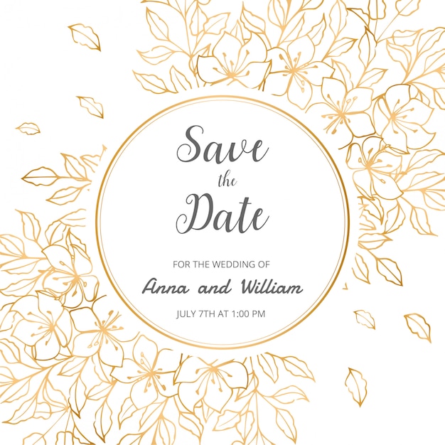 Salve a data, cartão de convite de casamento com flores douradas, folhas e galhos.