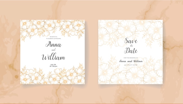Salve a data do cartão de convite de casamento com flores, folhas e galhos dourados