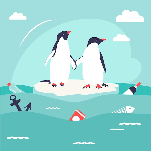 Salve a ilustração do conceito de oceanos com pinguins fofos