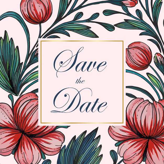 Salve o cartão de data com composição de flores desenhadas à mão e cartão de moldura floral de moldura dourada