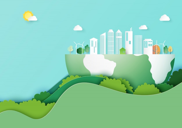 Salve o estilo de arte de papel de conceito terra e eco cidade