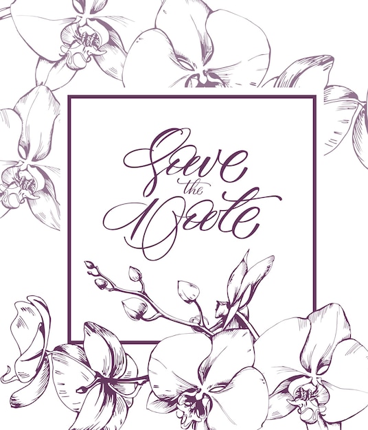 Salve o modelo de cartão de data para aniversário de casamento com flores de orquídea.