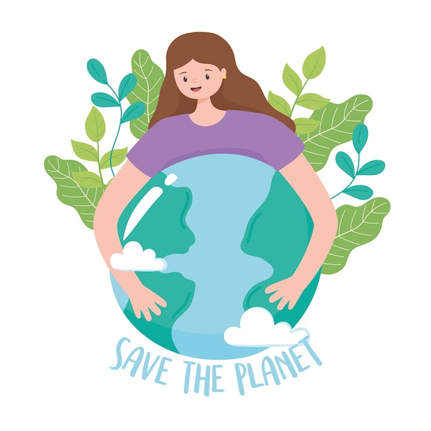 Salve o planeta, garota abraçando o mapa da terra com ilustração vetorial de desenho de folhas