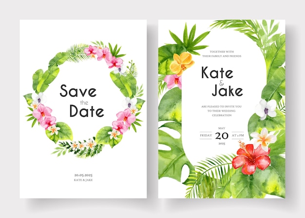 Vetor salve os modelos de convite de data e casamento com flores e folhas de aquarela tropical