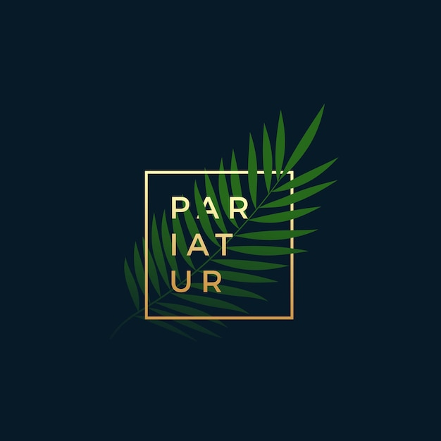 Samambaia ou folha de palmeira em uma moldura dourada com tipografia moderna símbolo de sinal de vetor abstrato ou modelo de logotipo emblema elegante ou design de cartão em fundo azul escuro