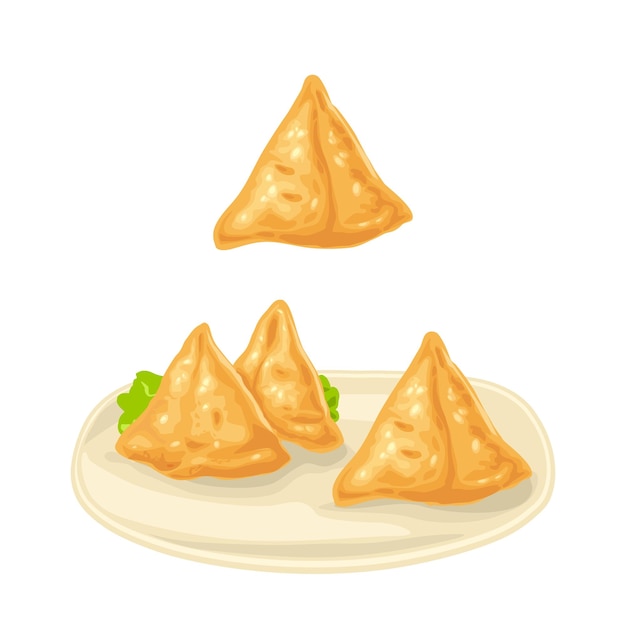 Samosa com chapati comida tradicional indiana ilustração realista de cor vetorial isolada em branco