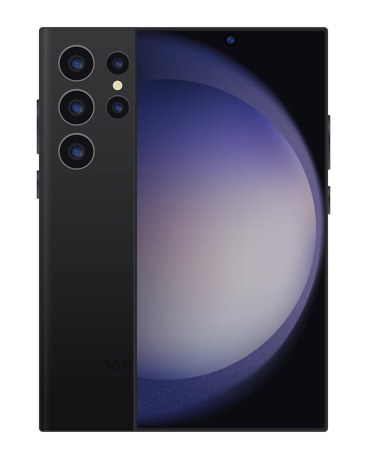 Vetor samsung galaxy s23 ultra apresentação oficial do novo carro-chefe novo smartphone de geração telemóvel com stylus embutido cor preta papel de parede original na tela editorial