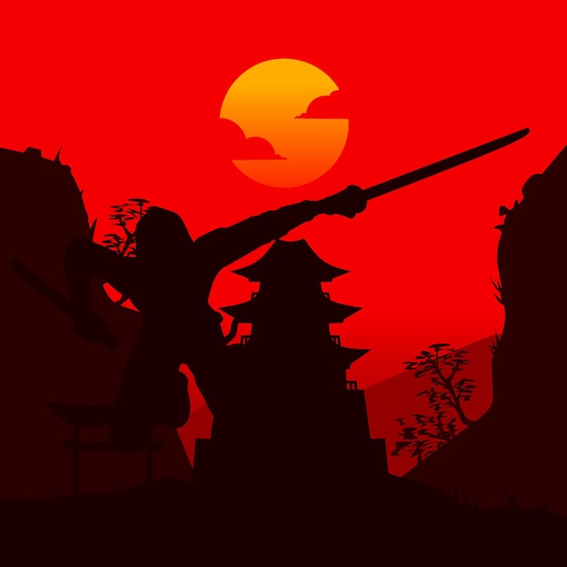 Vetor samurai japão espada cavaleiro e o logotipo vetorial do sol design colorido fundo isolado para camiseta pôster roupas merch design de distintivo de vestuário