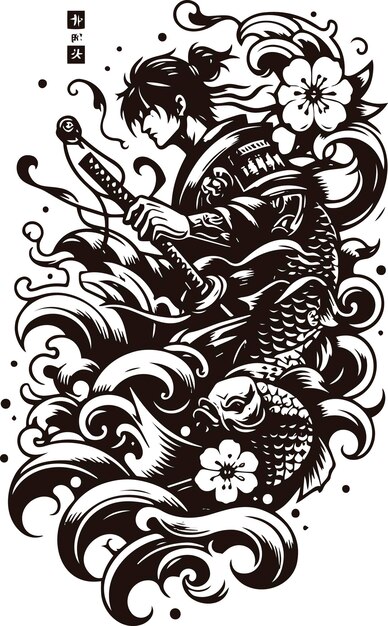 Vetor samurai japonês tocando um shamisen com desenho de tatuagem de peixe koi