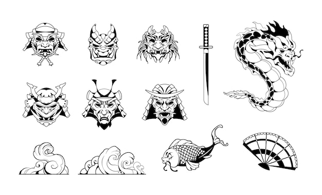 Samurai tatuagem clipart japonês com capacete guerreiro e peixe koi dragão oriental ou ondas oceânicas máscaras de cabeça de demônio ninja isolado emblema gráfico vetor preto e branco conjunto de emblemas militares asiáticos