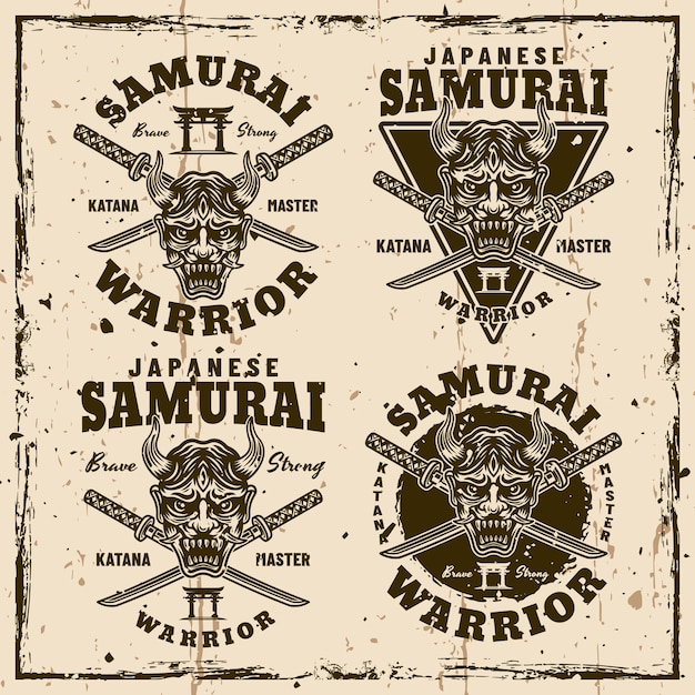 Vetor samurai vetor emblemas vintage insígnias rótulos em fundo com texturas grunge removíveis