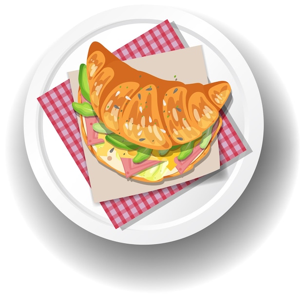 Vetor sanduíche de croissant de café da manhã em prato branco