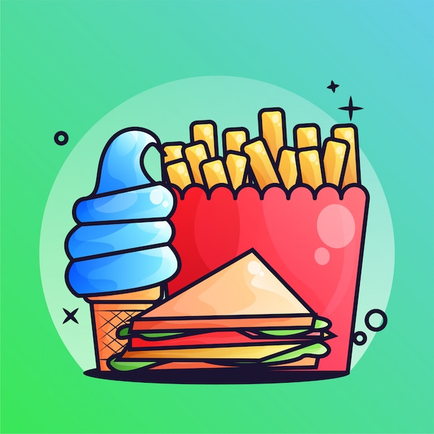 Sanduíche e batatas fritas com sorvete ilustração gradiente