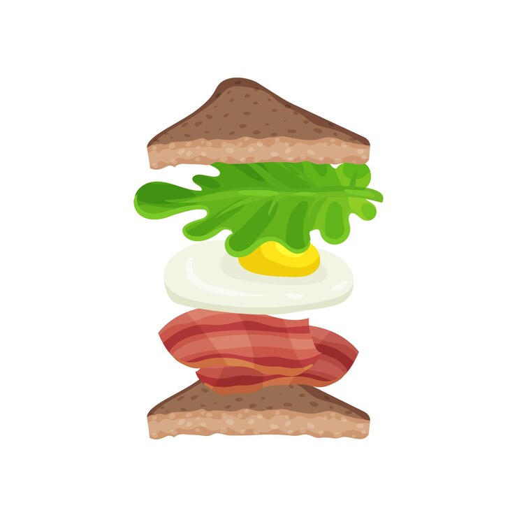 Vetor sanduíche triangular com ingredientes bacon ovo frito e folha de alface verde lanche saboroso fast food design vetorial plano para menu de café