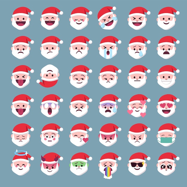 Vetor santa emoji enfrenta com expressões fofas para o feriado de natal nas mídias sociais