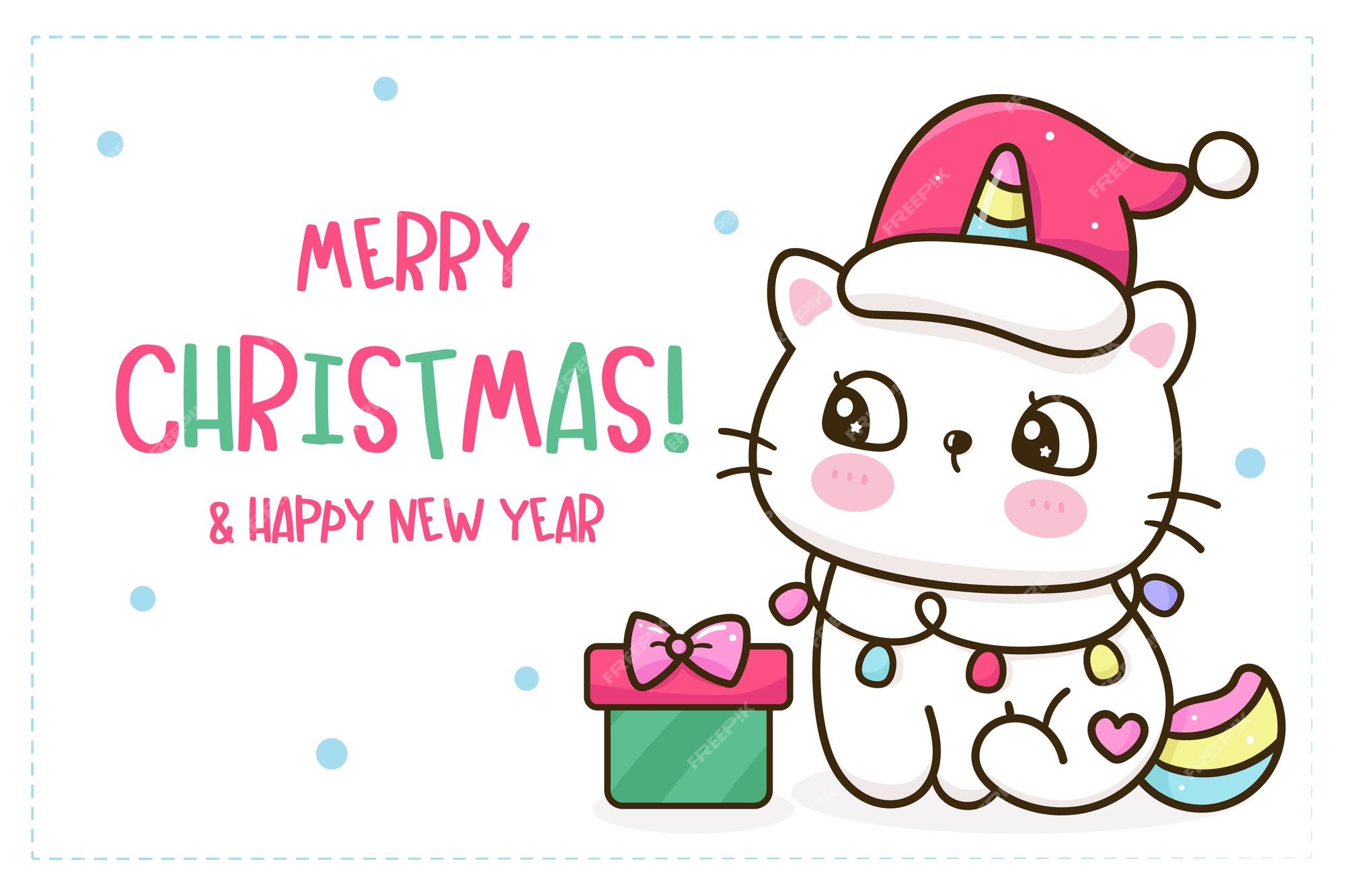 Gato unicórnio do papai noel e bolo de natal desenho kawaii