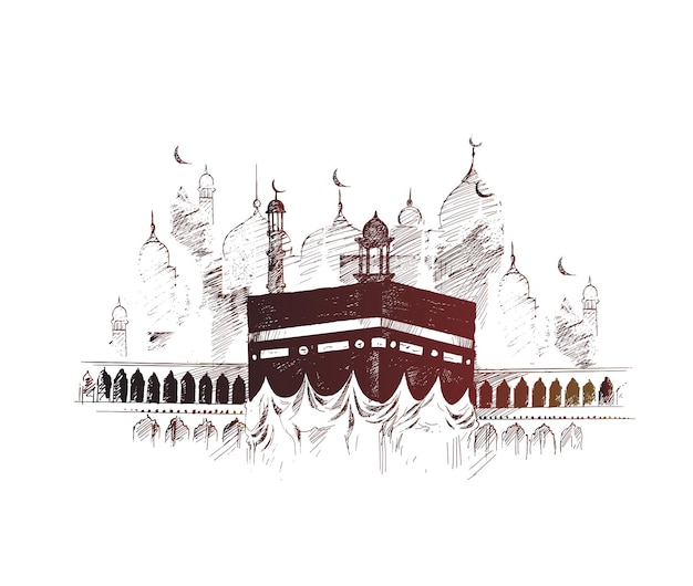 Santa kaaba em meca, arábia saudita, ilustração vetorial de esboço desenhado à mão.