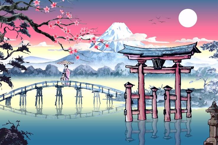 Vetor santuário japonês e flores de cerejeira em frente ao monte fuji.